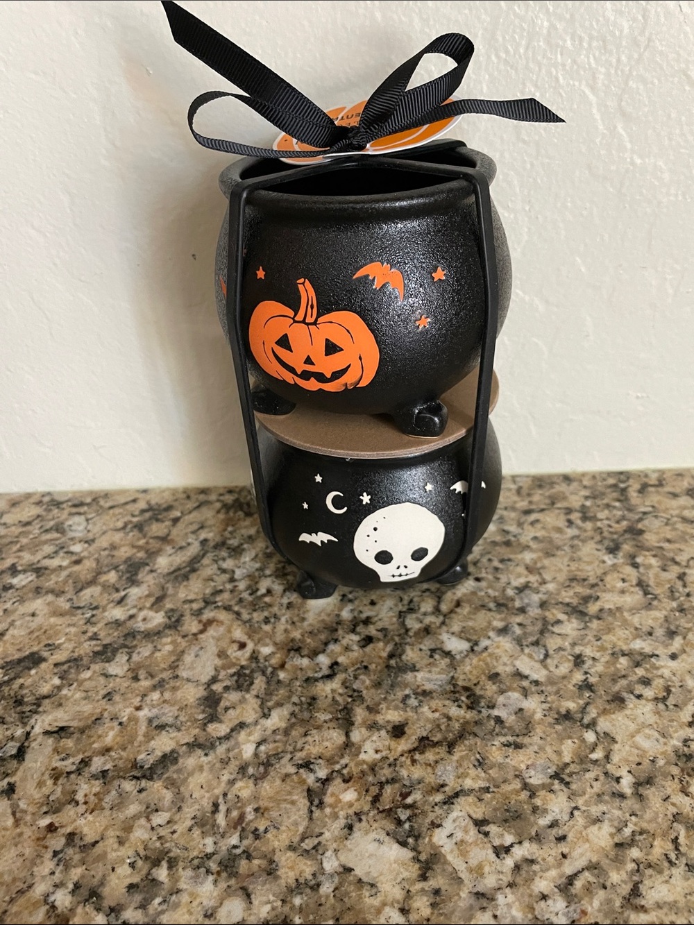 Stacked Halloween Cauldron Votive Holders with Pumpkin & Skull